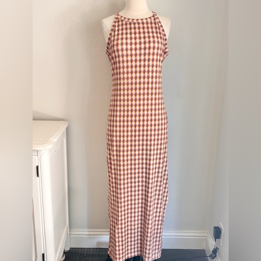 Hippie Rose Geometric Print Halter Neck Maxi Dress Side Slit Tan Pink Cream, XL